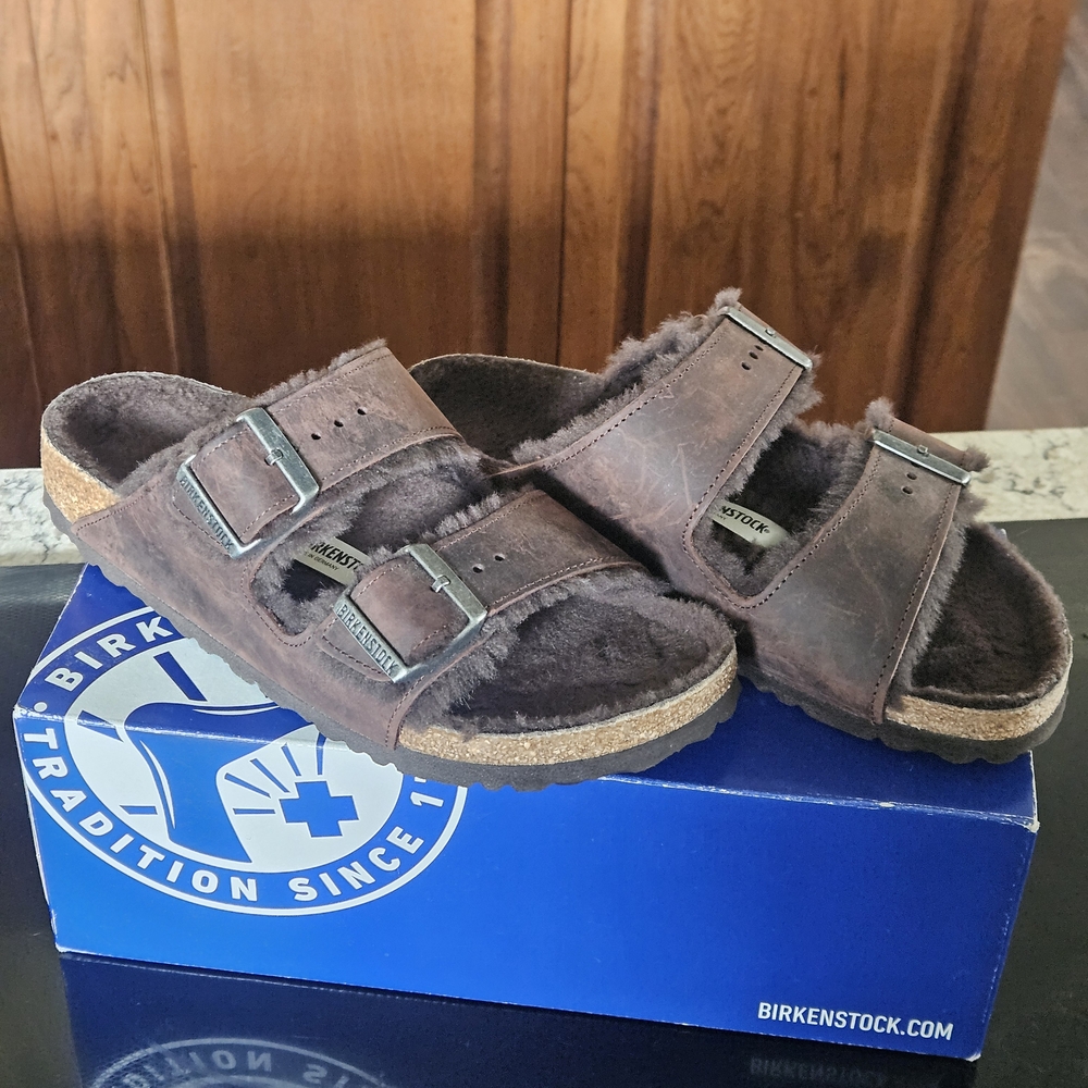Birkenstock Arizona Shearling Sandals in Mocha - Picture 2 of 9